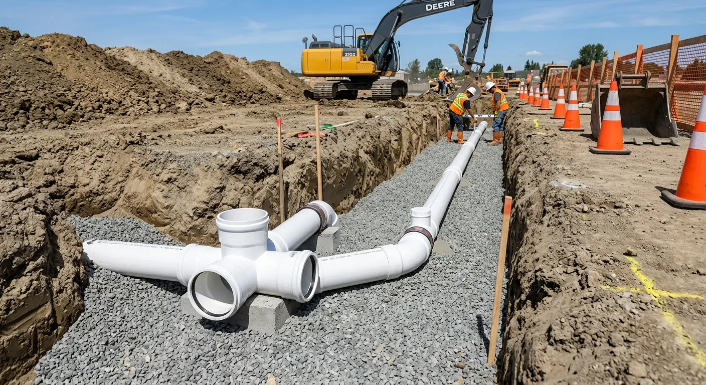 New PVC sewer pipe installation in open trench for Sewer Backup in Seal Beach