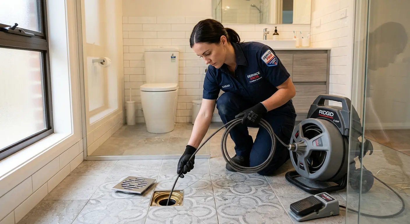 Technician clearing a bathroom floor drain for Drain Cleaning in Seal Beach